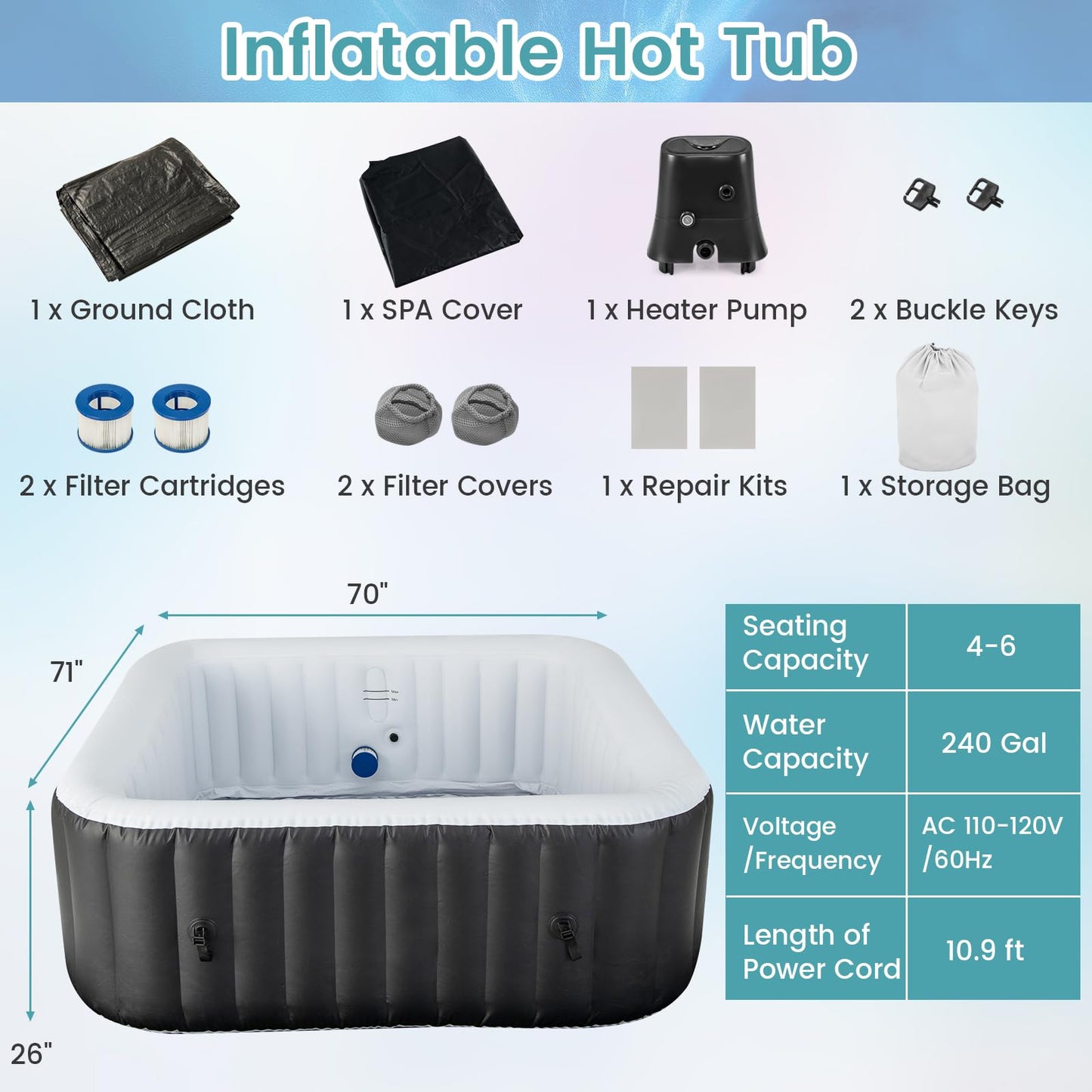 Inflatable Hot Tub, Blowup Pool Hottub, Portable Outdoor Water SPA