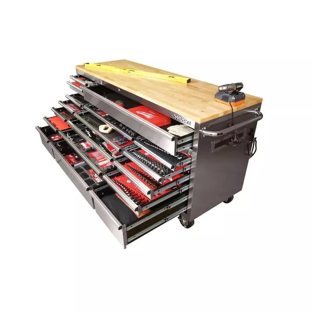 72 in 18-Drawer 24 in. D Mobile Workbench with Solid Wood Top Stainless Steel