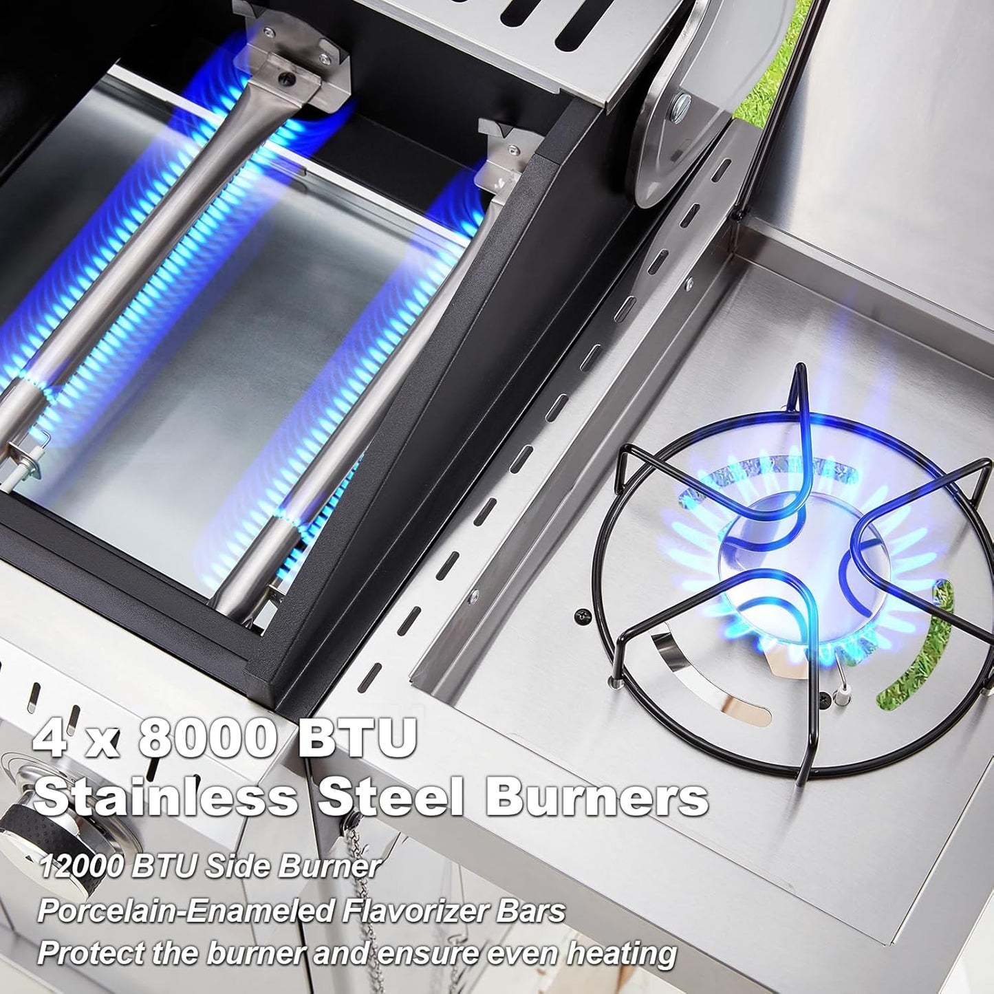 Upgraded 4 Burner BBQ Propane Gas Grill with Cast Iron Grates & Side Stove, 44,000 BTU Stainless Steel Burner Barbecue Grill for Patio, Camping, Outdoor Cooking MELLCOM