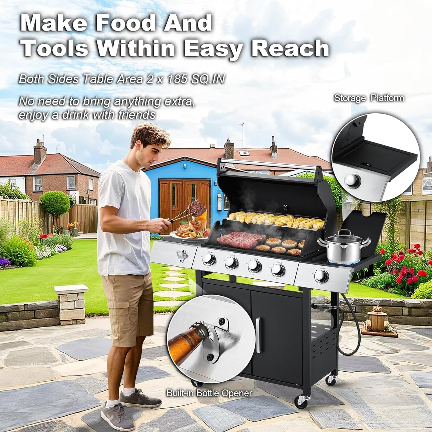 Upgraded 4 Burner BBQ Propane Gas Grill with Cast Iron Grates & Side Stove, 44,000 BTU Stainless Steel Burner Barbecue Grill for Patio, Camping, Outdoor Cooking MELLCOM