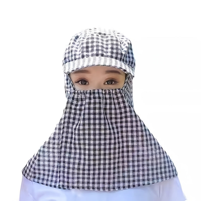 Integrated Hat and Face Mask for Outdoor Cycling - Lightweight, Non-Slip, Checkered Design with Clear Viewing Panel, Perfect for and Tea Gathering, Tea Gathering Hat | Checkered Pattern Hat | Lightweight Ha