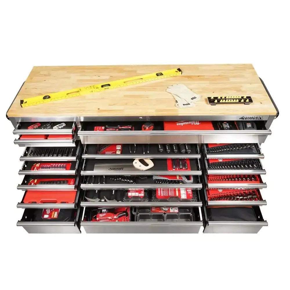 72 in 18-Drawer 24 in. D Mobile Workbench with Solid Wood Top Stainless Steel
