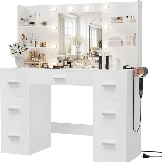 Vanity Desk with Mirror LED Lights and Power Outlet Makeup with 7 Drawers