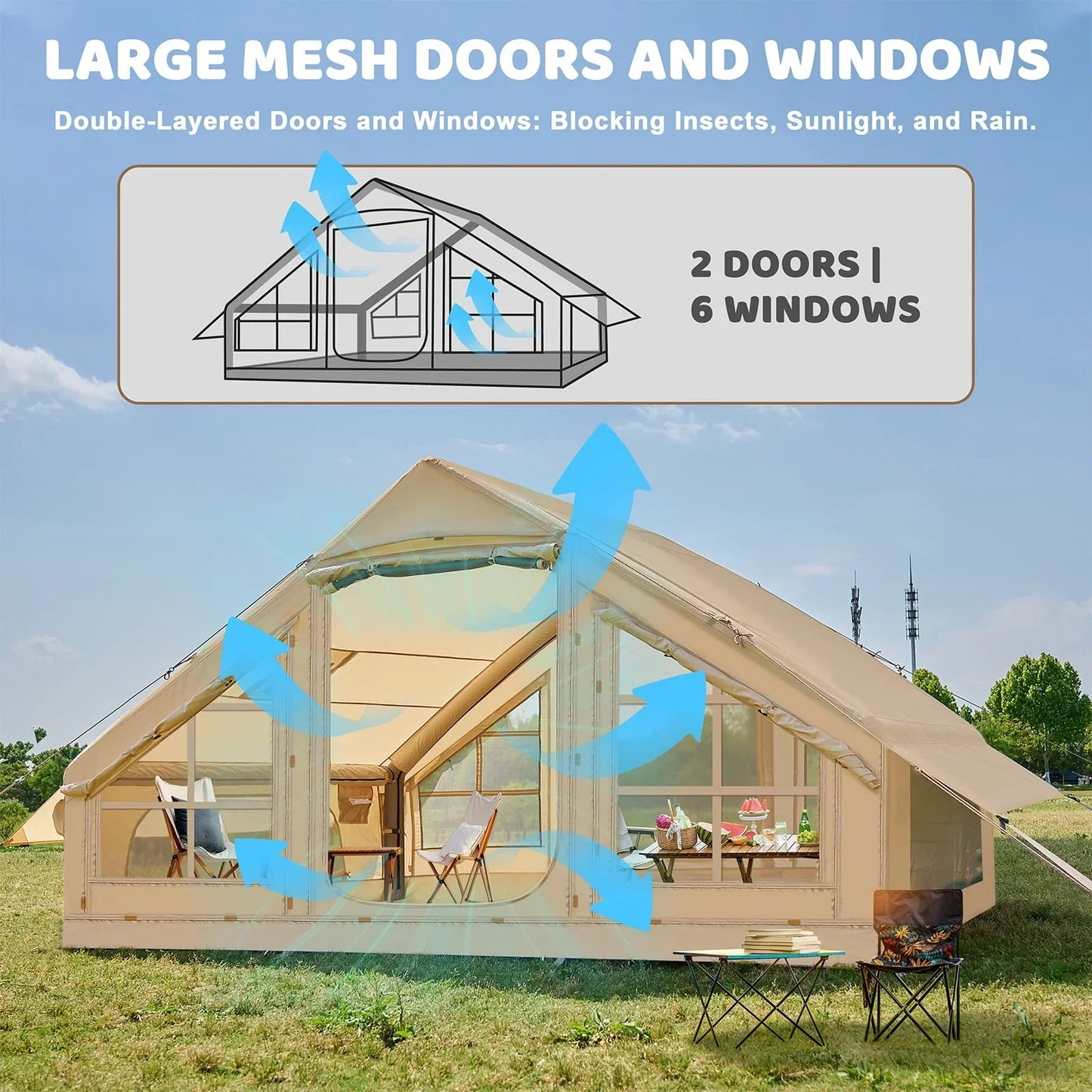 6 Person Inflatable Camping Tent with Pump, 10ft x7ft Glamping Family Tent Easy Setup 4 Season Waterproof Windproof Outdoor Blow Up Tent Luxury Oxford Cabin with Mesh Windows & Doors sgtnighsdesigns