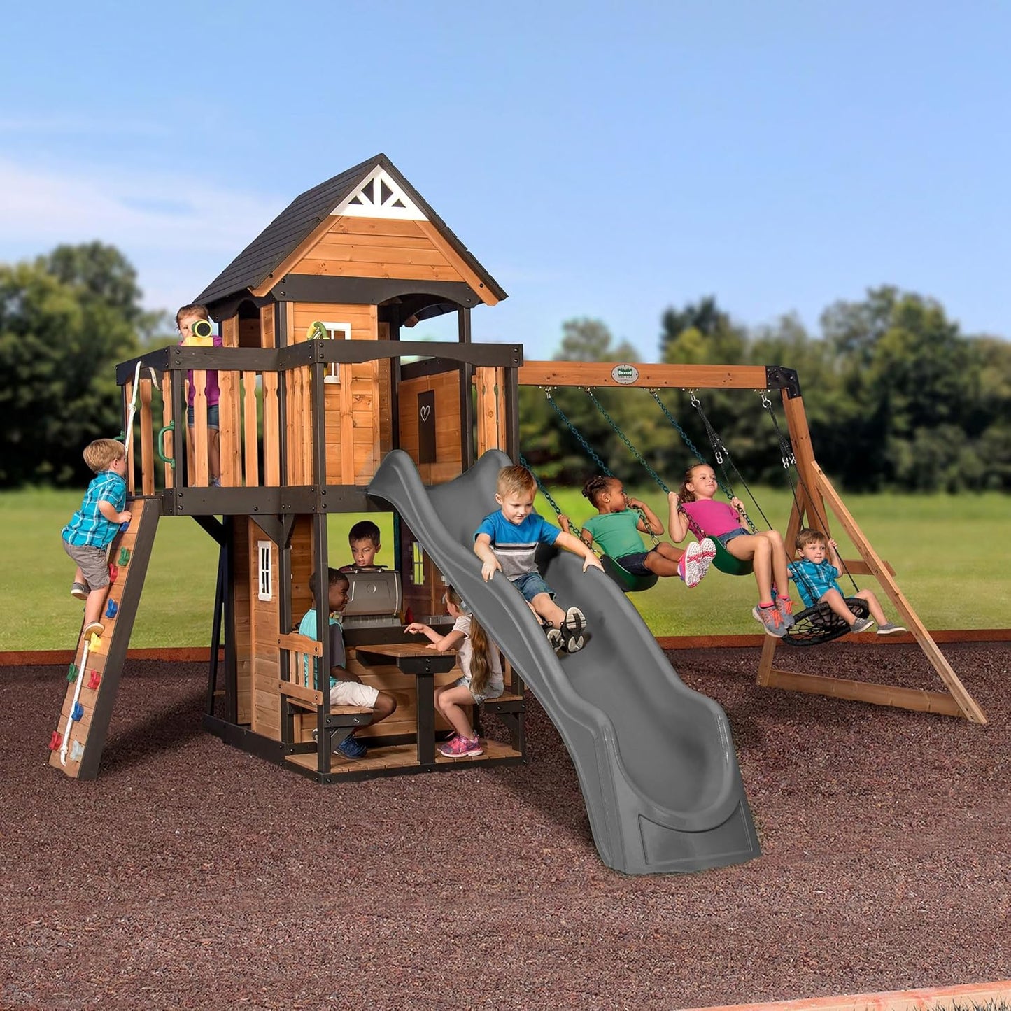 Canyon Creek Cedar Wood Swing Set with Wave Slide, Clubhouse, Play Kitchen, Picnic Area, Belt Swings, Web Swing, Rock Wall, Balconies, Playhouse, Step Ladder, Outdoor Playset