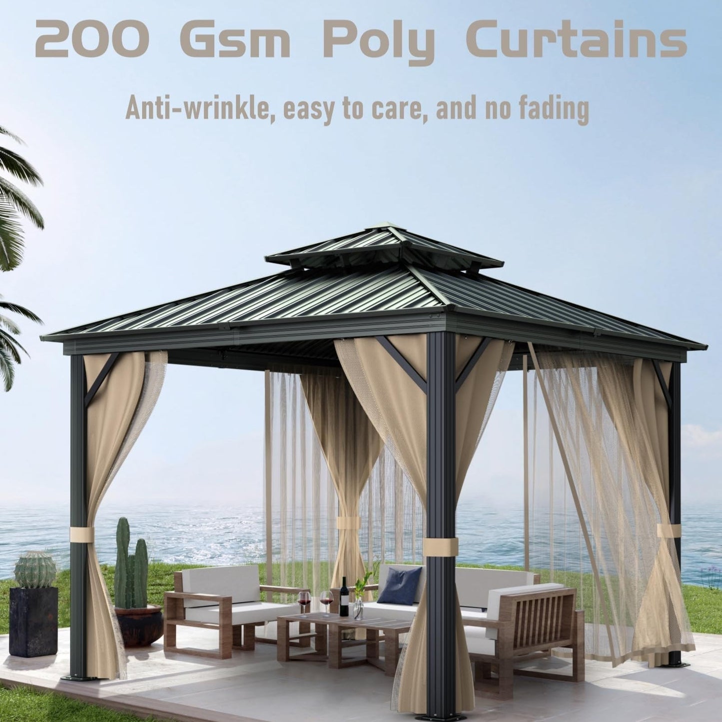 10x10 Hardtop Gazebo with double metal roof, aluminum frame, net, and curtain. All-weather, ideal for patio, deck, garden, backyard. Khaki.