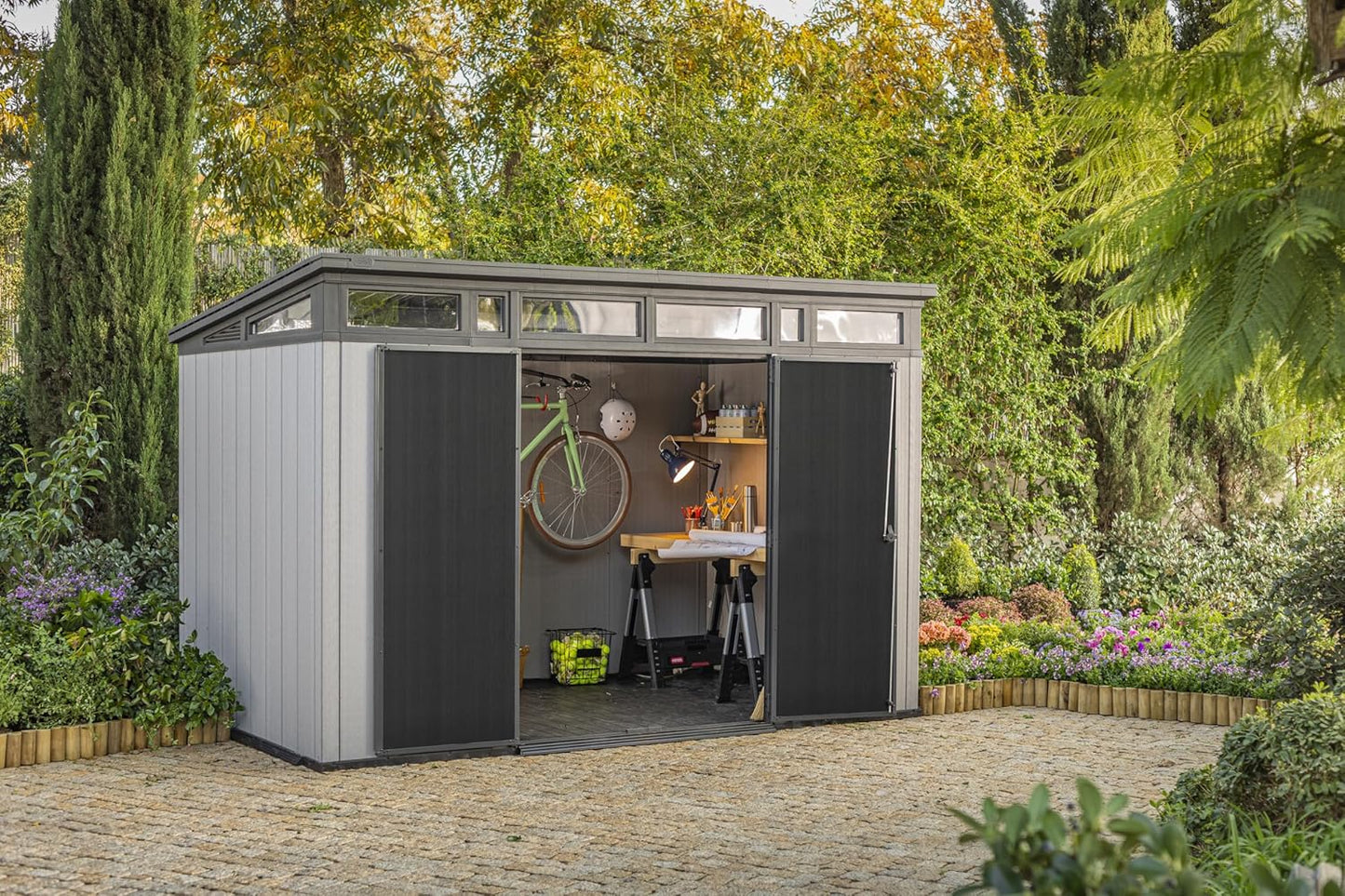 Keter Artisan 11x7 Modern Resin Outdoor Storage Shed Kit-Perfect to Store Patio Furniture, Garden Tools Bike Accessories, Beach Chairs and Lawn Mower, Grey & Black
